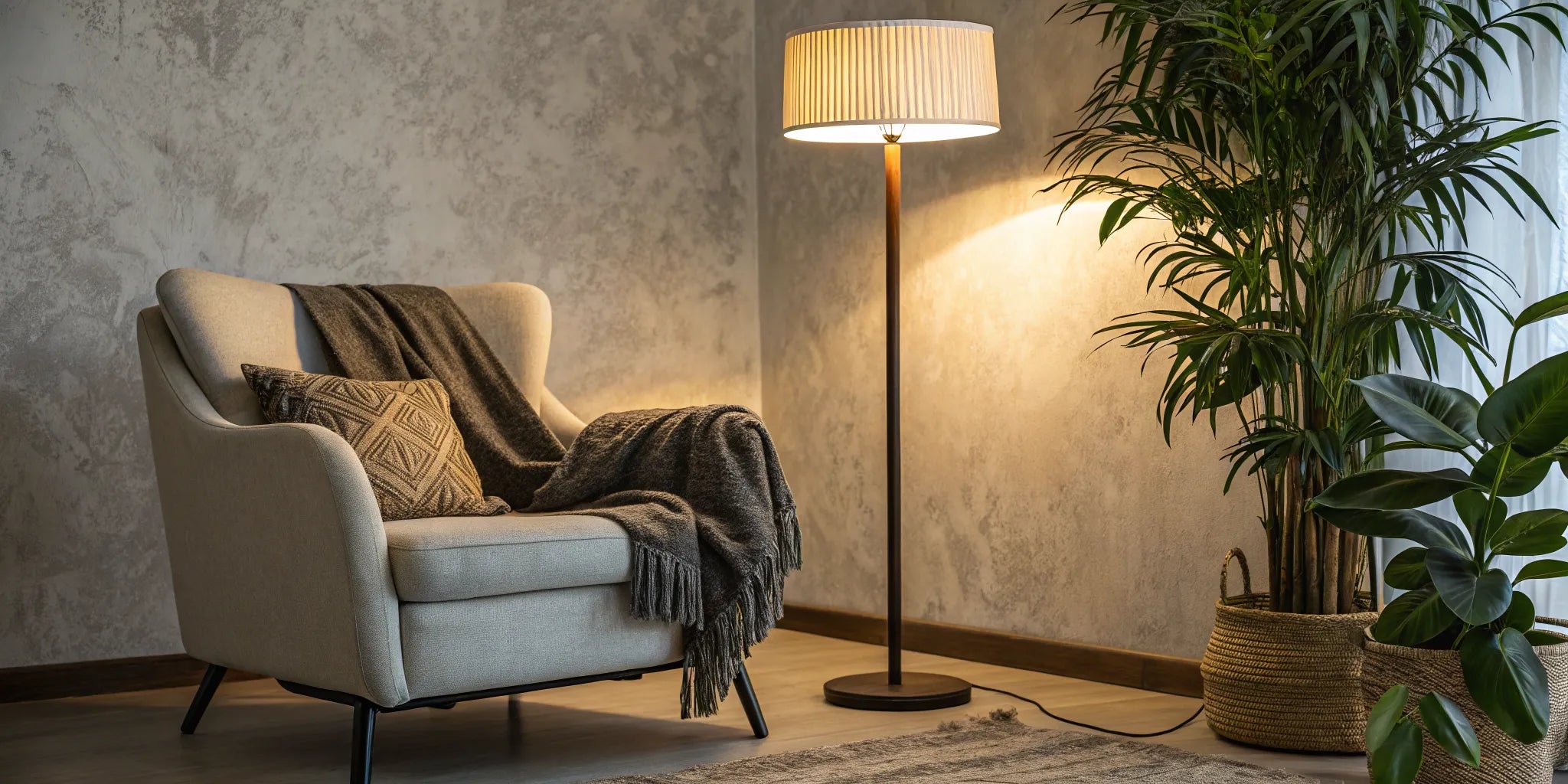 Stylish, cheap floor lamp brightening a living room.
