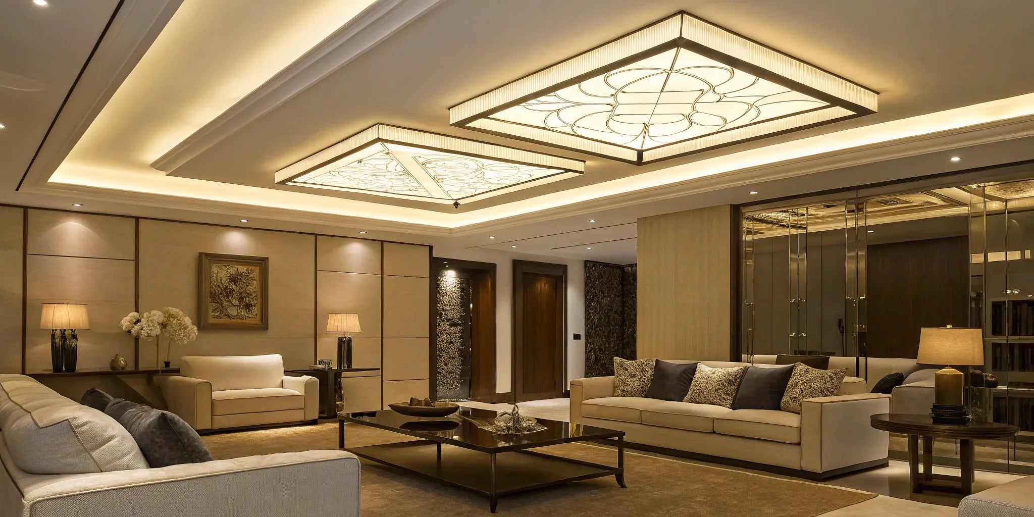 Contemporary LED ceiling lights brighten a modern living room.