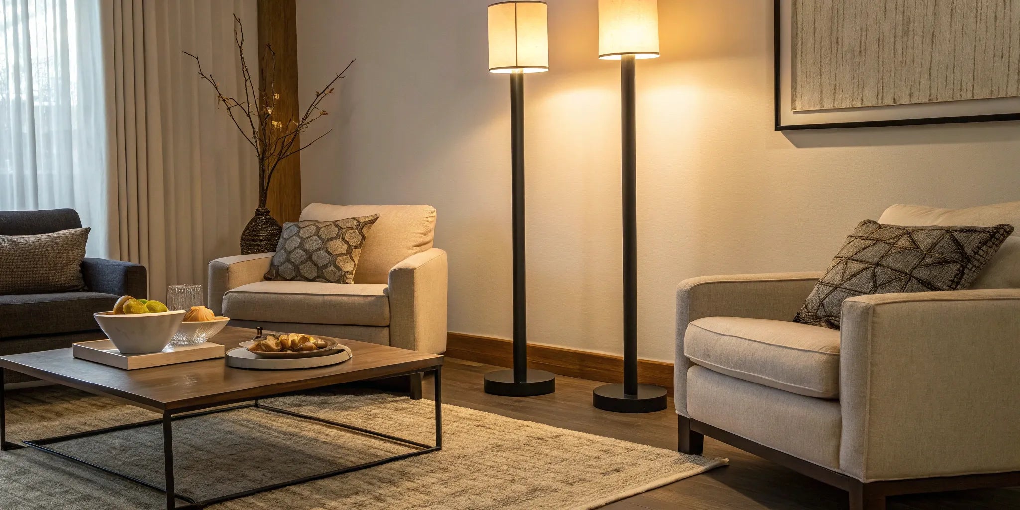 Energy-efficient floor lamps illuminate a cozy living room.