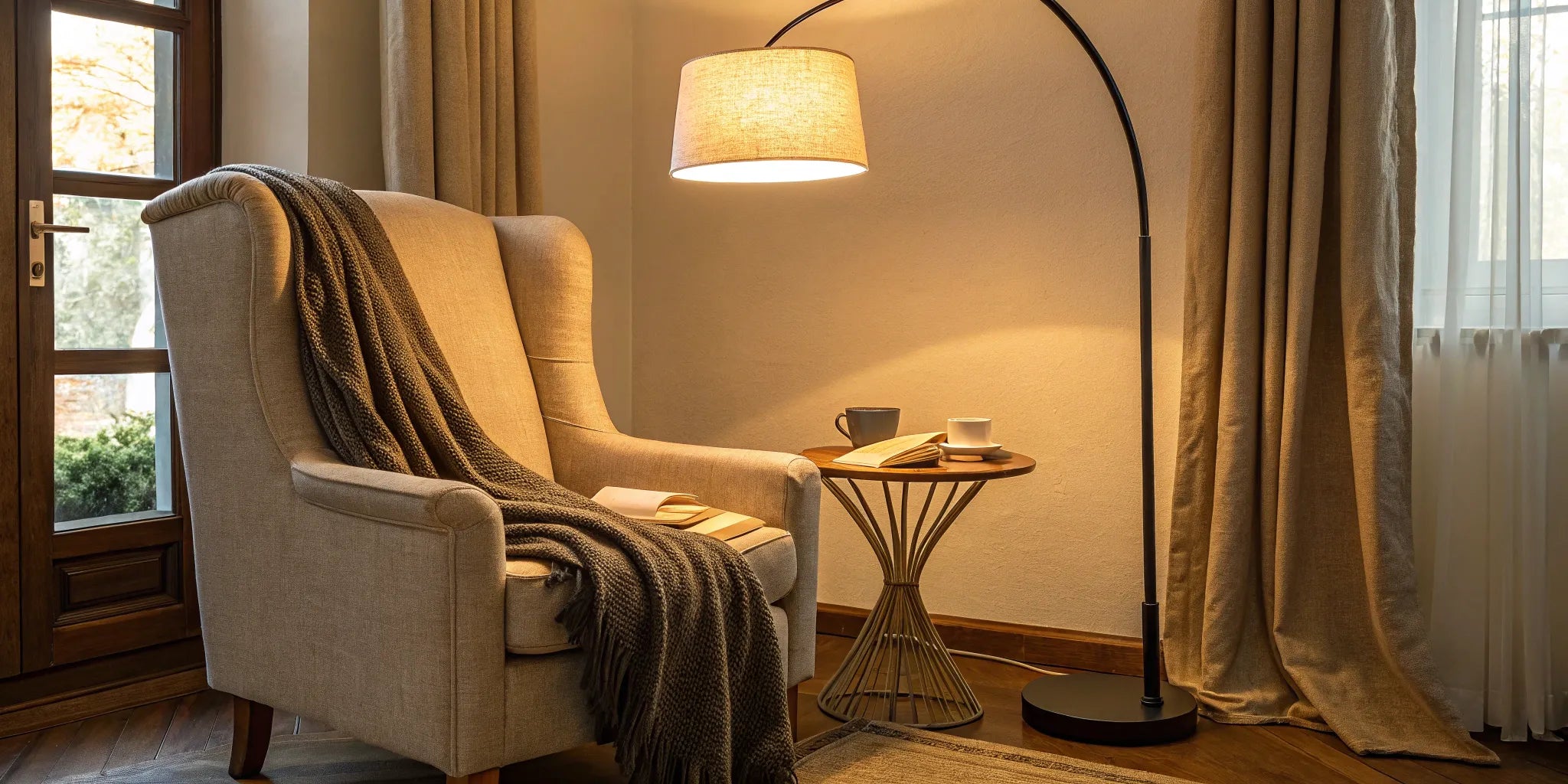 Floor lamp illuminating a reading nook.