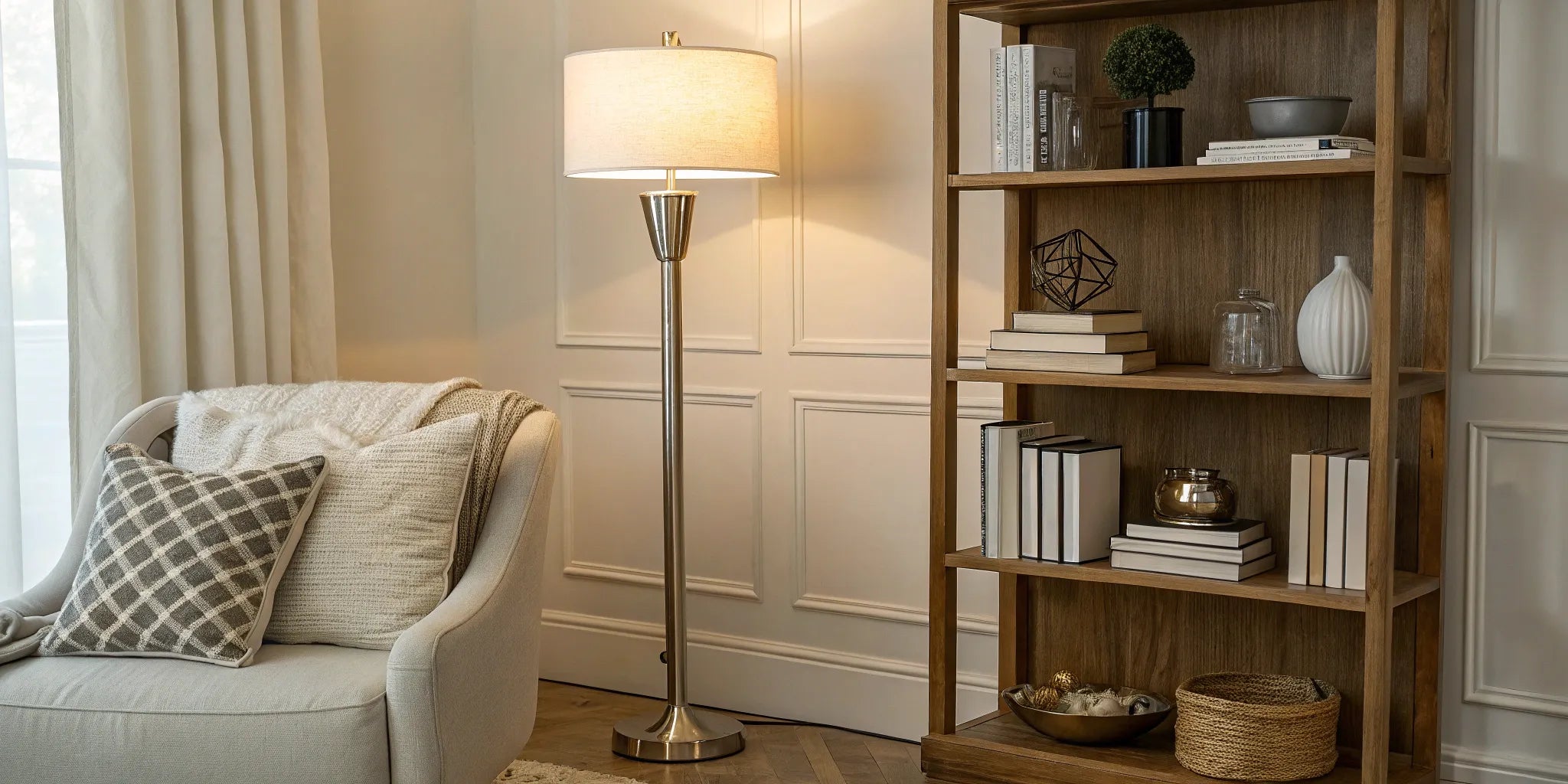 Modern floor lamp with shelves.