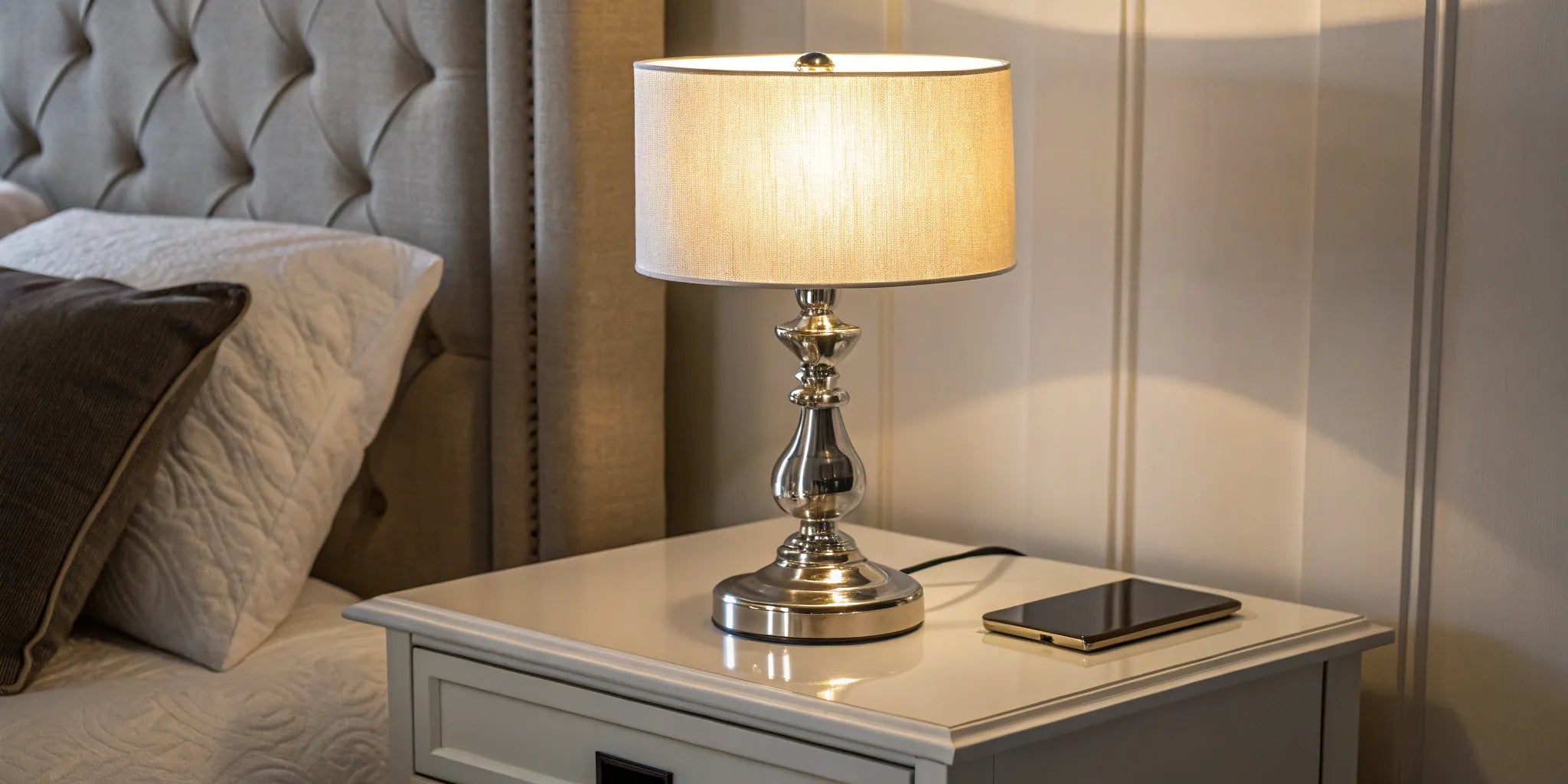 Stylish lamp with built-in table and USB charging port.