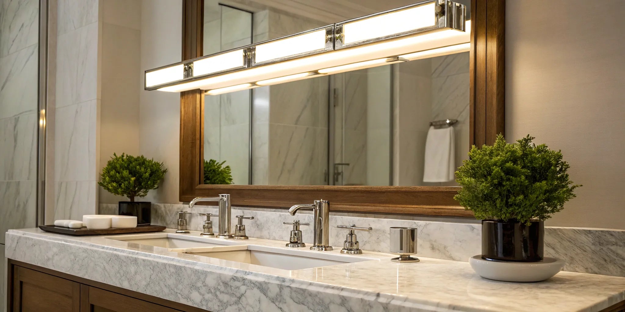LED vanity lights illuminate a bathroom mirror above a double sink vanity.