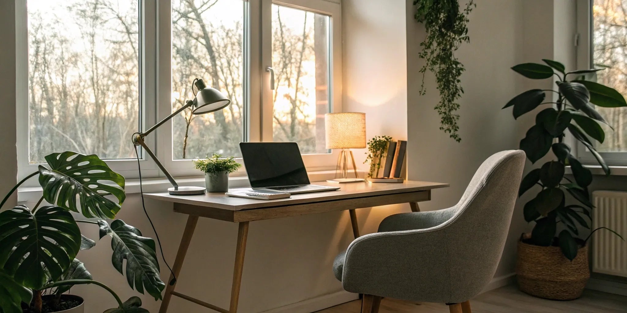 Best home office lighting setup with natural light and a desk lamp.