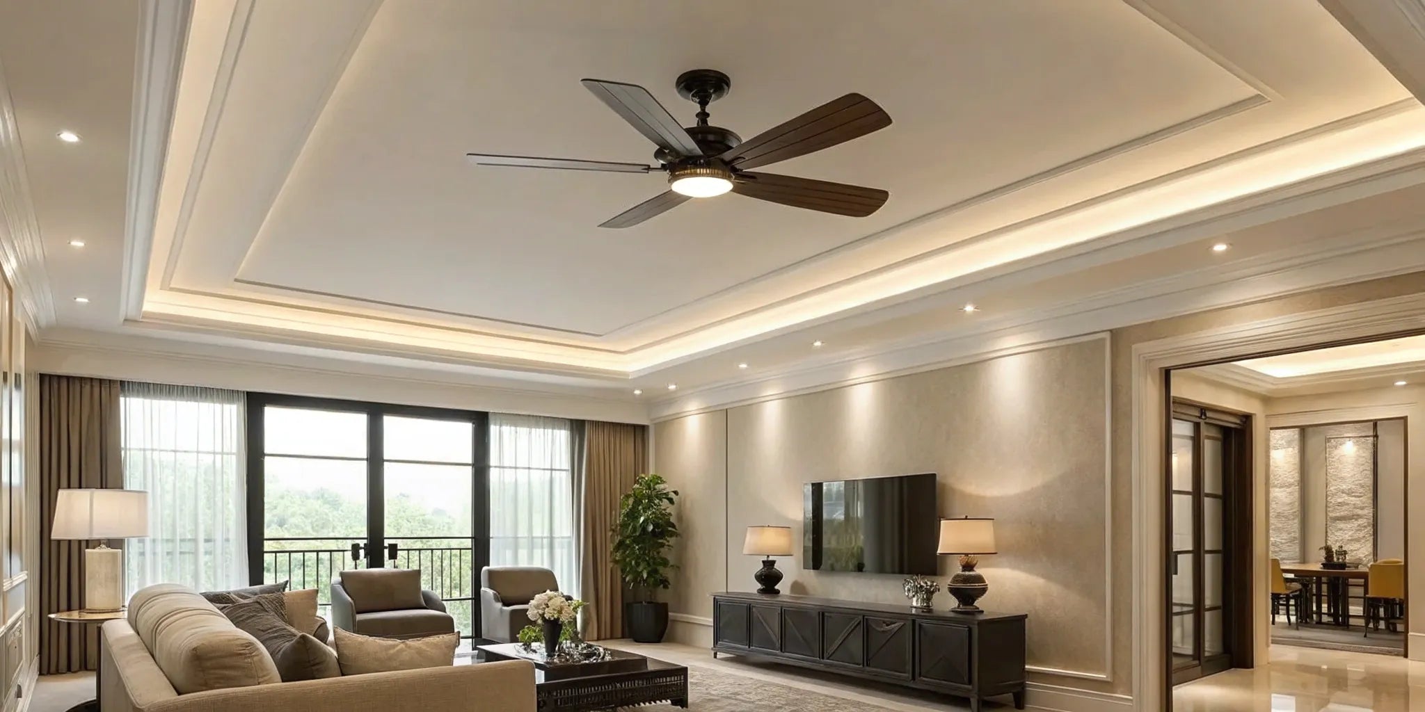 Low profile ceiling fan with integrated light in a modern room.