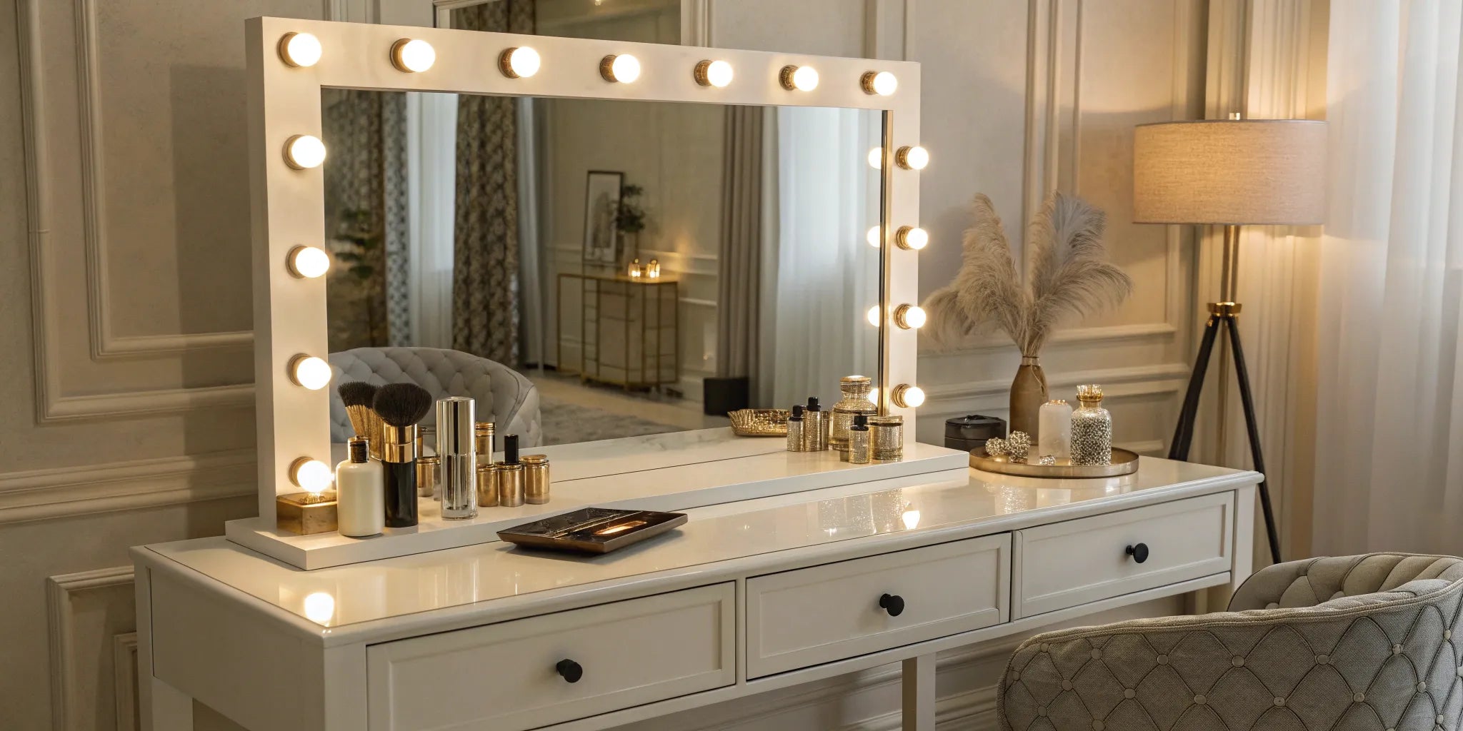 Lighted makeup vanity with mirror.