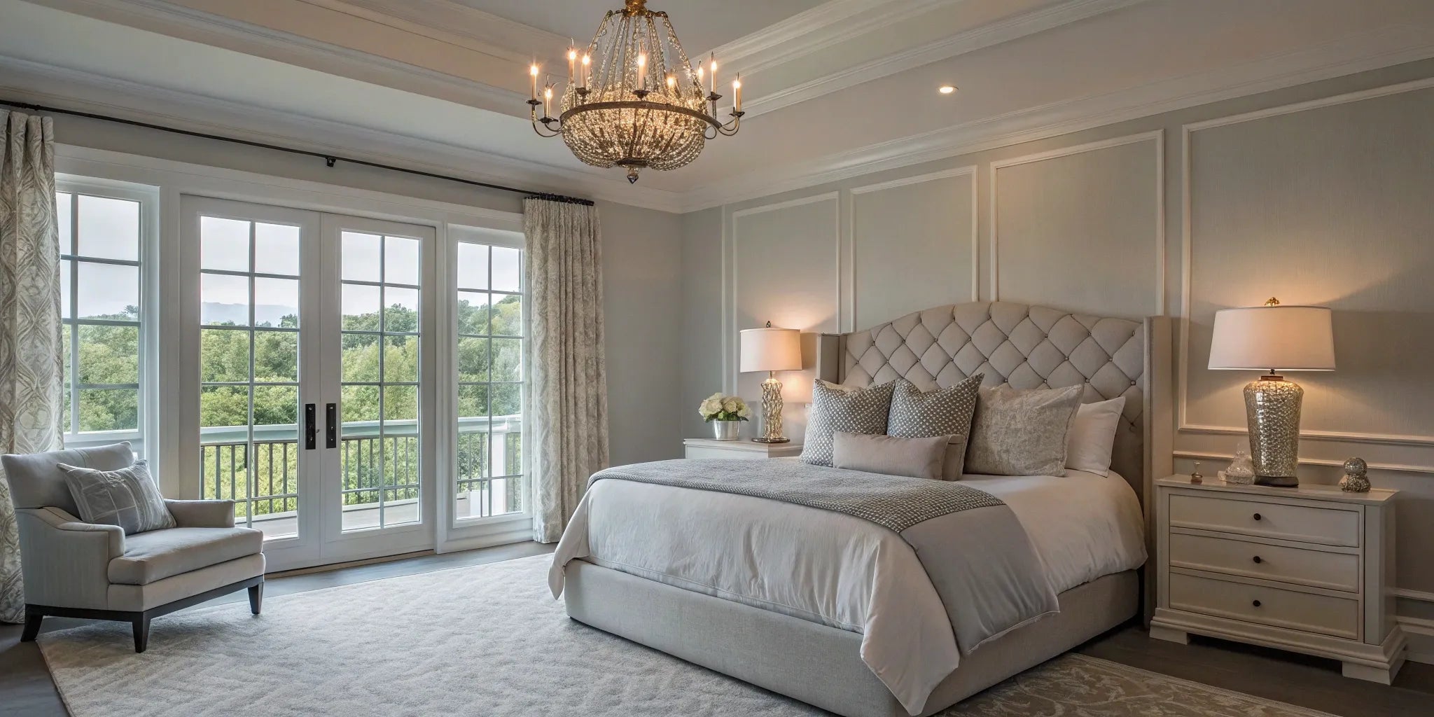 Best master bedroom lighting: Chandelier and lamps create a cozy ambiance.