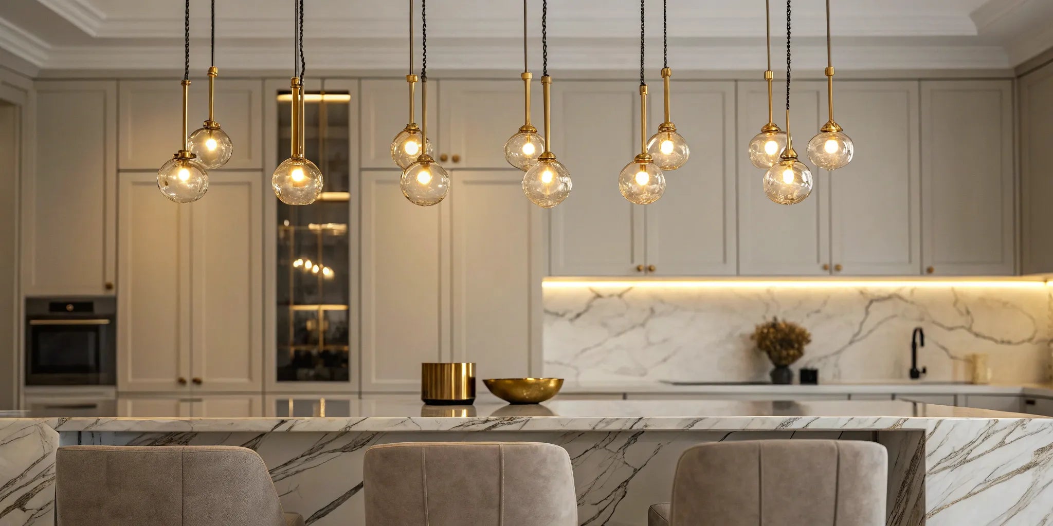 Mini gold pendant lights illuminate a kitchen island.