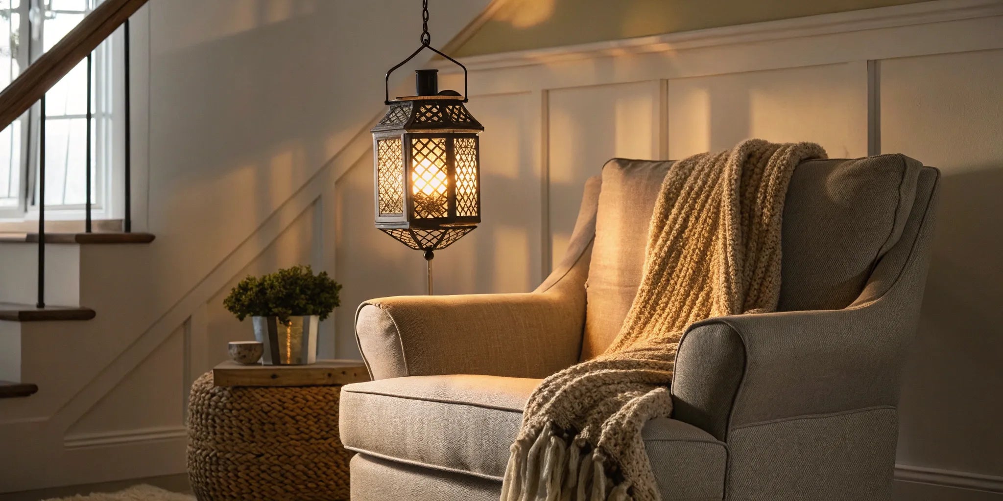 Mini lantern pendant light illuminating a cozy space.