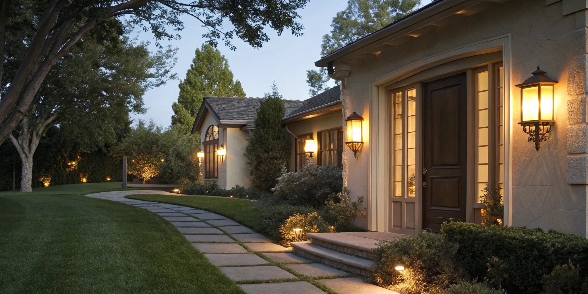 Outdoor wall lights illuminate a home's exterior.