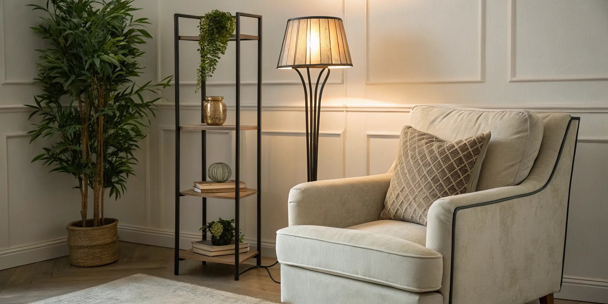 Short floor lamp illuminating a beige armchair.