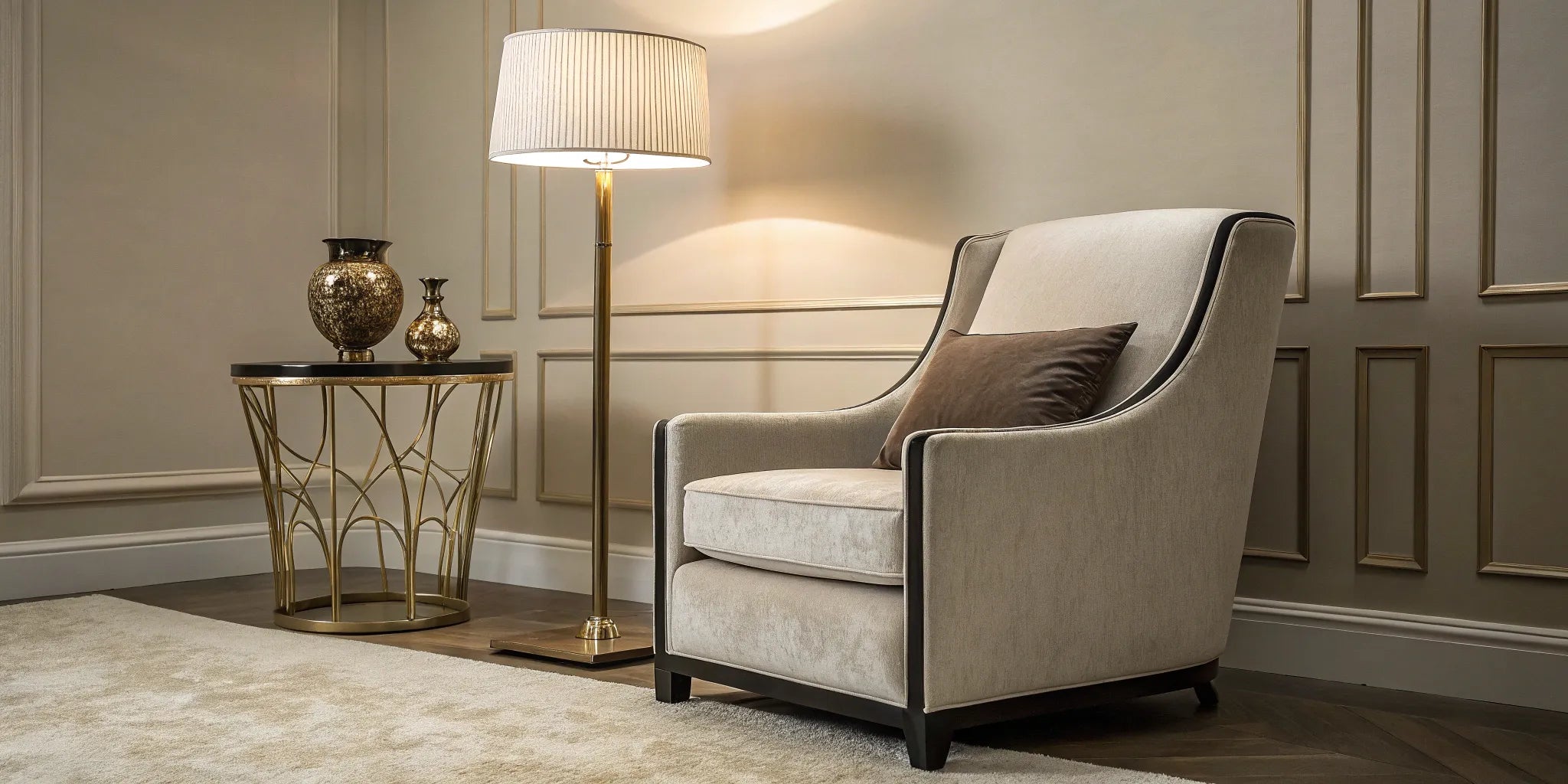 Stylish floor lamp beside a gold side table.