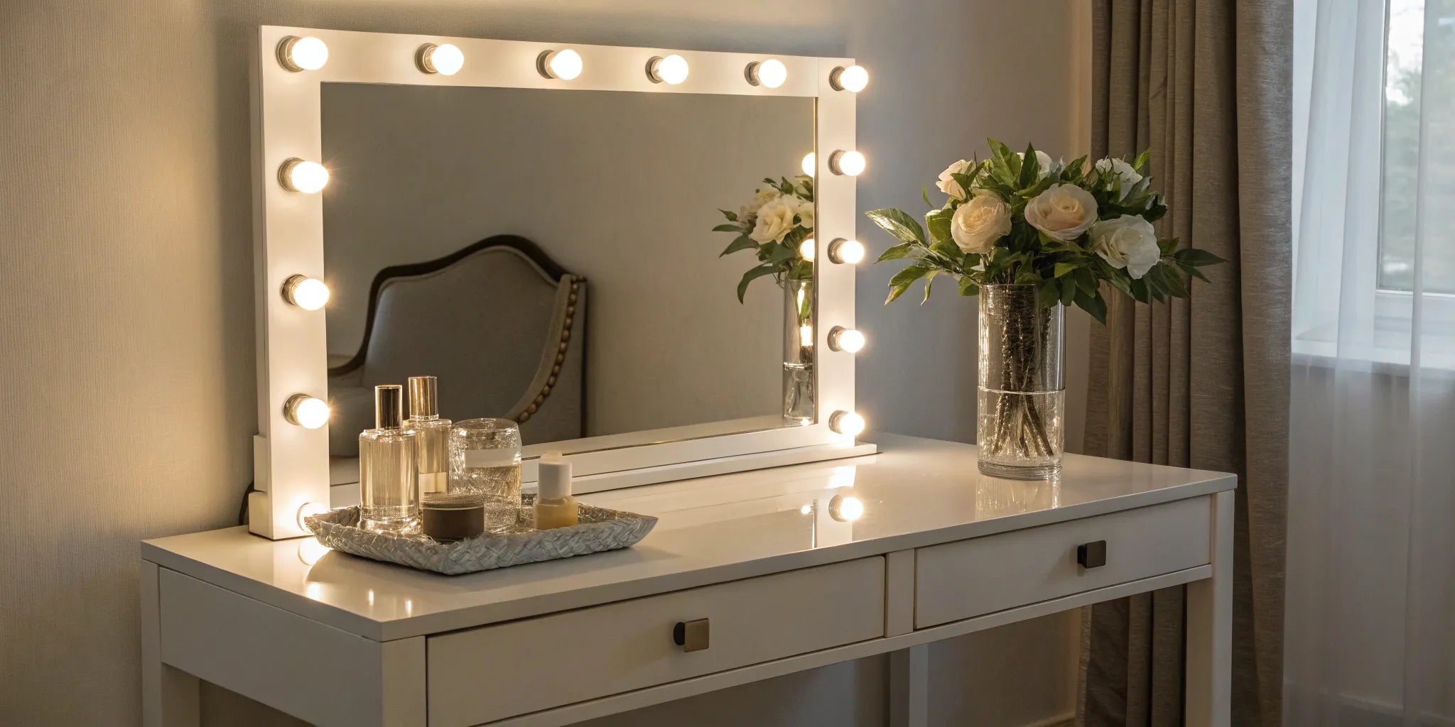 Vanity desk with mirror and lights.