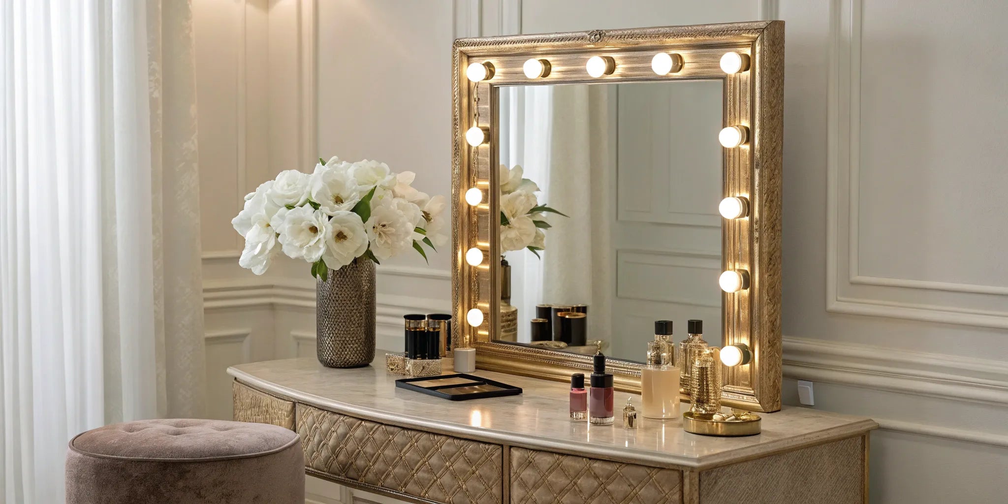Vanity mirror with lights for makeup application.