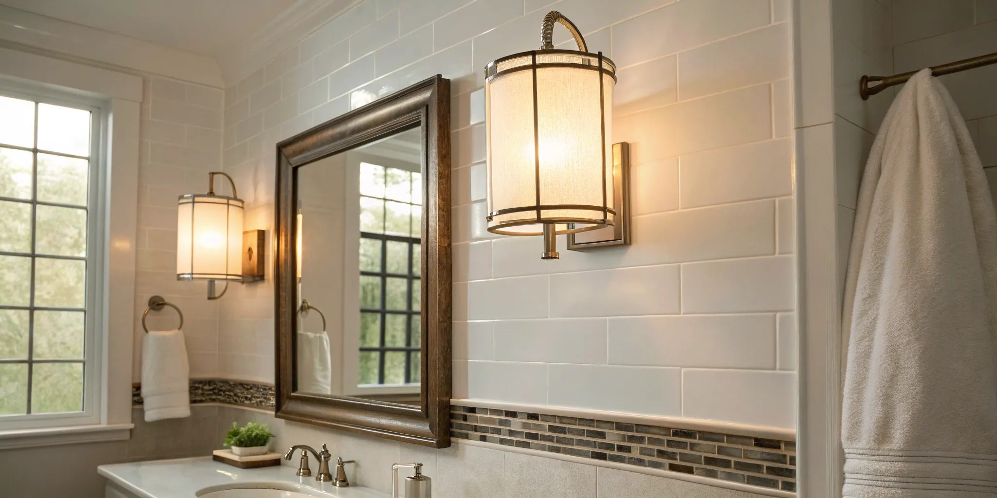 Stylish wall-mounted bathroom lights above mirror.
