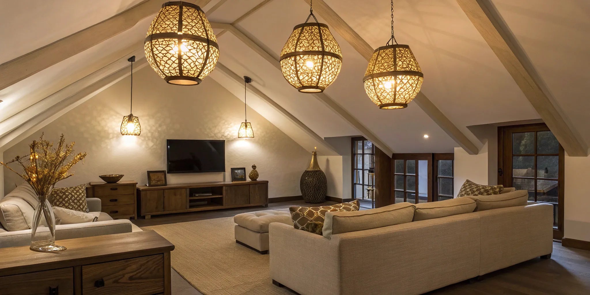 Pendant lights illuminate an inclined ceiling.