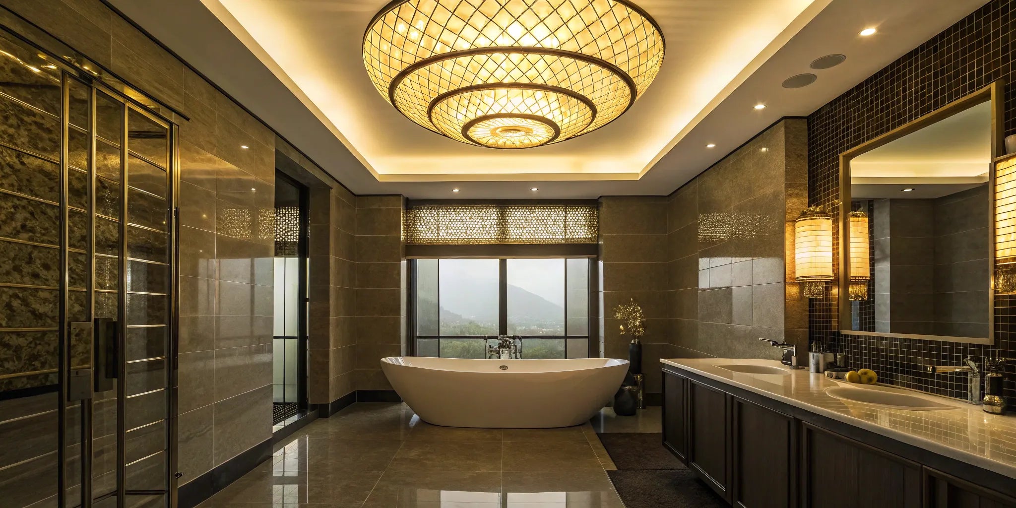 Bathroom ceiling lights illuminate a stylish space.