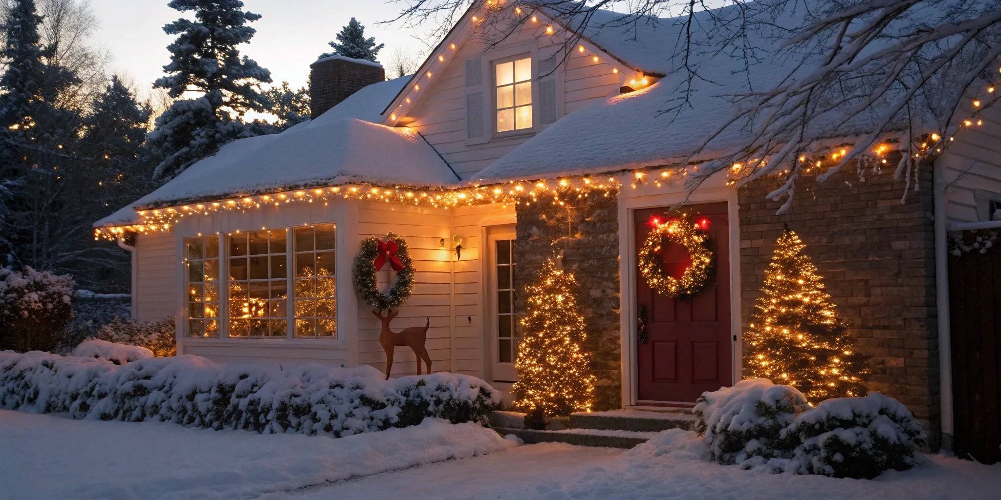 Outdoor Christmas lights, wreaths, and decorated tree in snow.