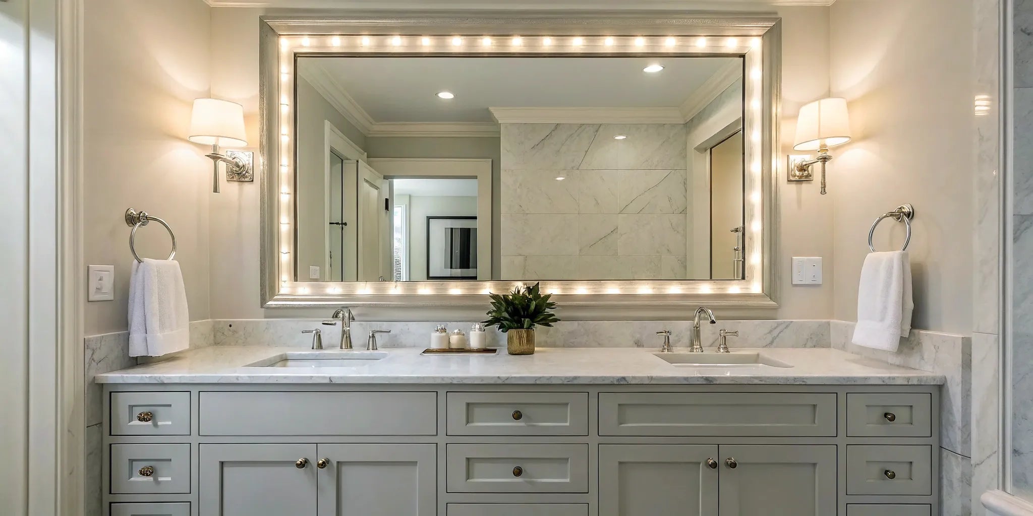 Stylish vanity with sconces and backlit mirror.