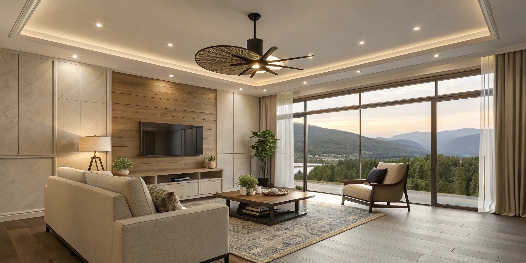 Ceiling hugger fan with integrated lights.