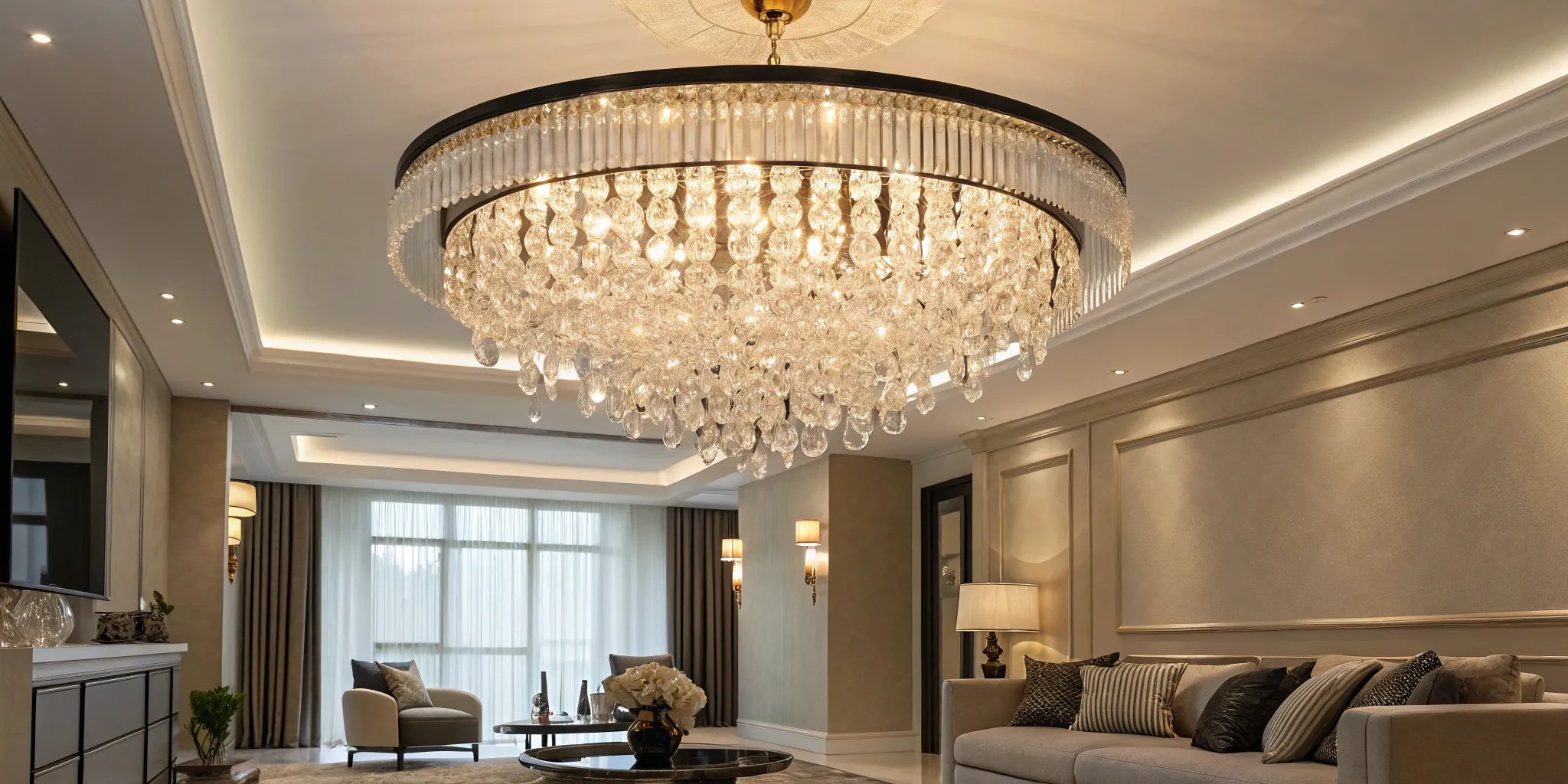 Crystal chandelier illuminating a ceiling.