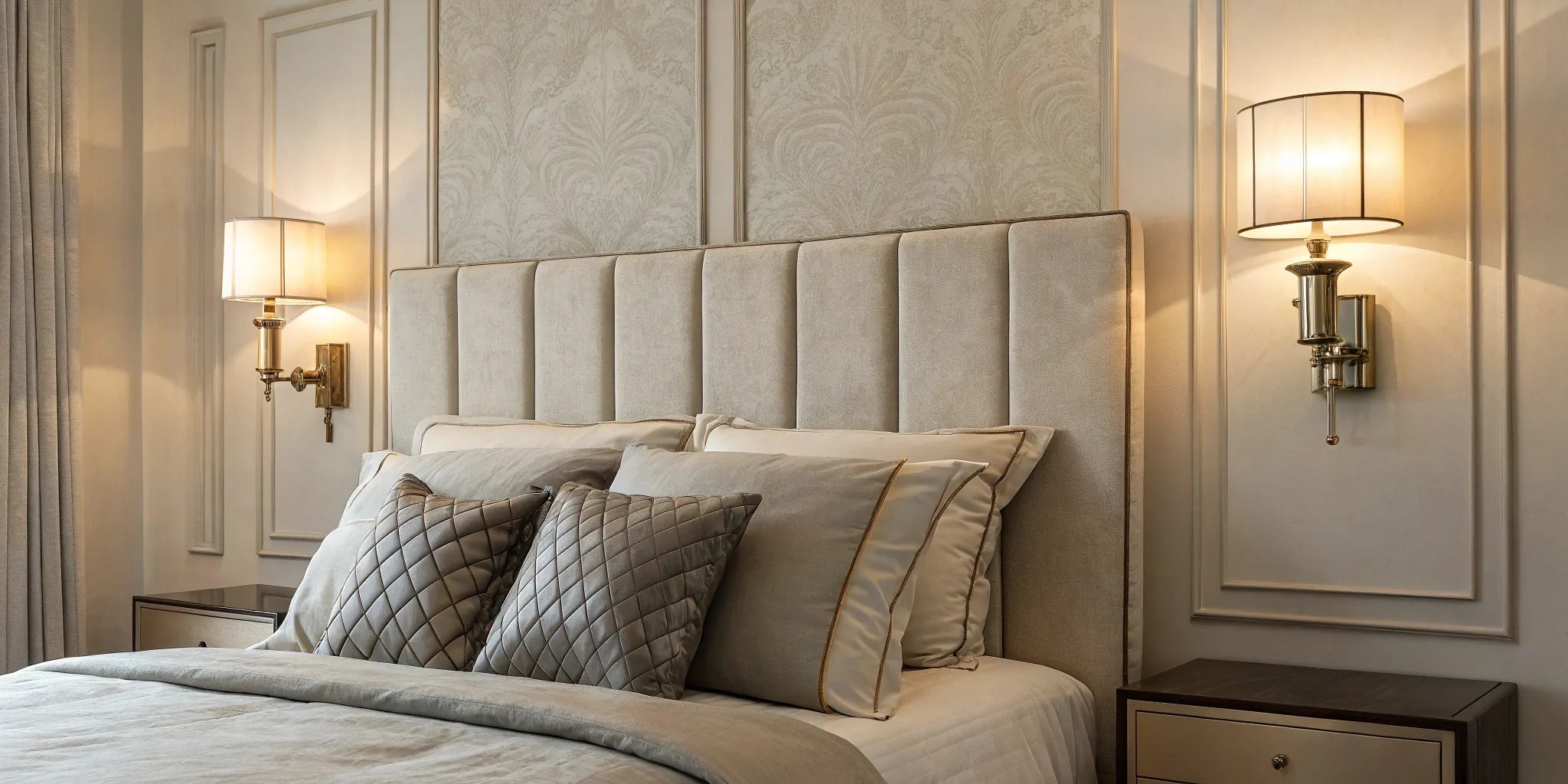 Bedroom wall sconces flanking an upholstered headboard.