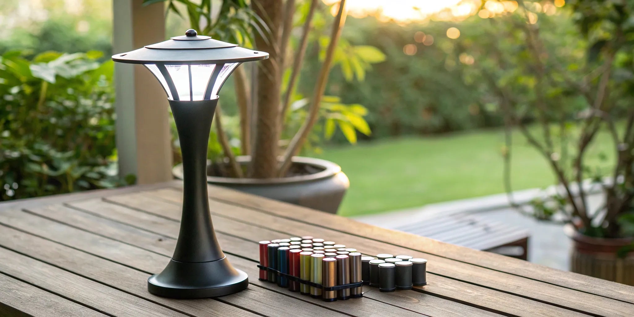 A solar lamp with a variety of compatible rechargeable batteries.