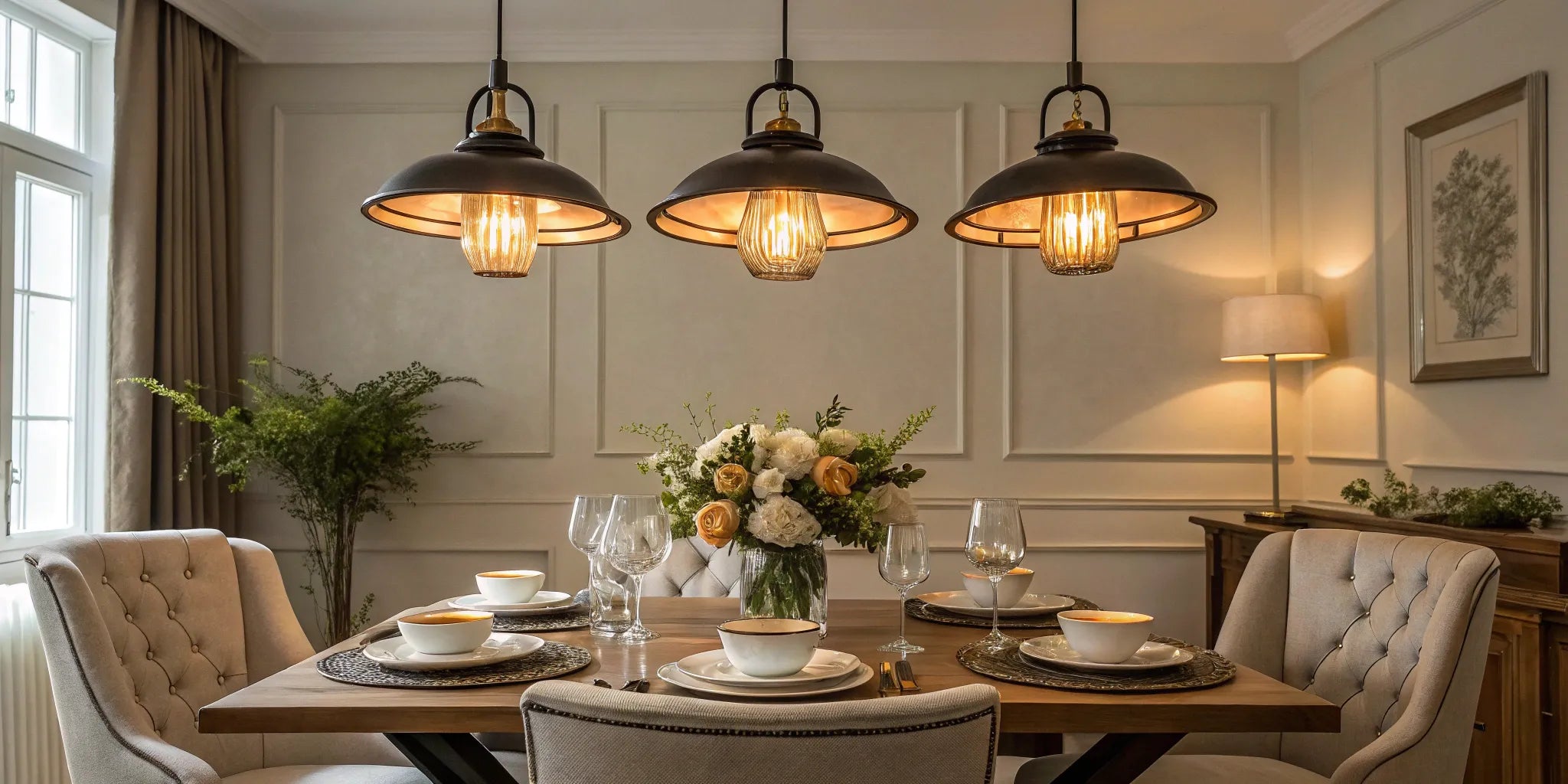Stylish black pendant lights illuminate a dining area.