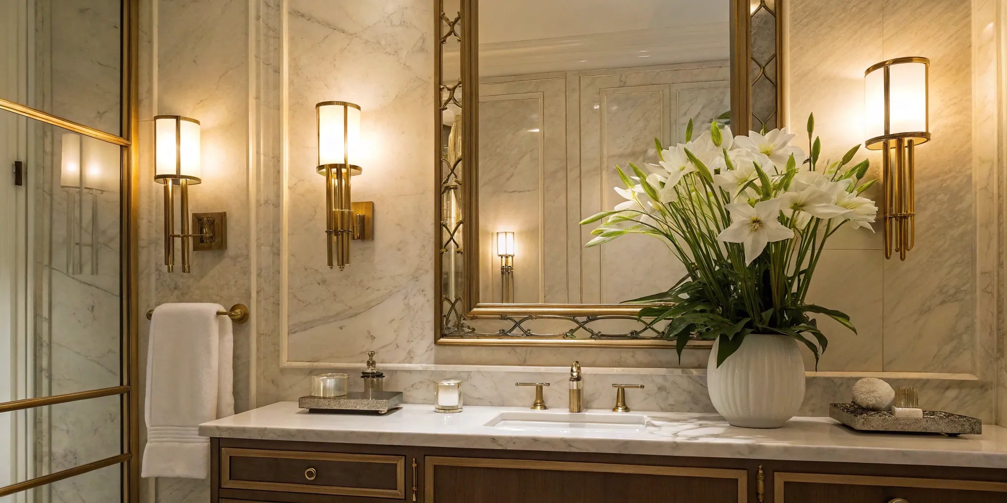 Elegant bath wall lights illuminate a luxurious bathroom.