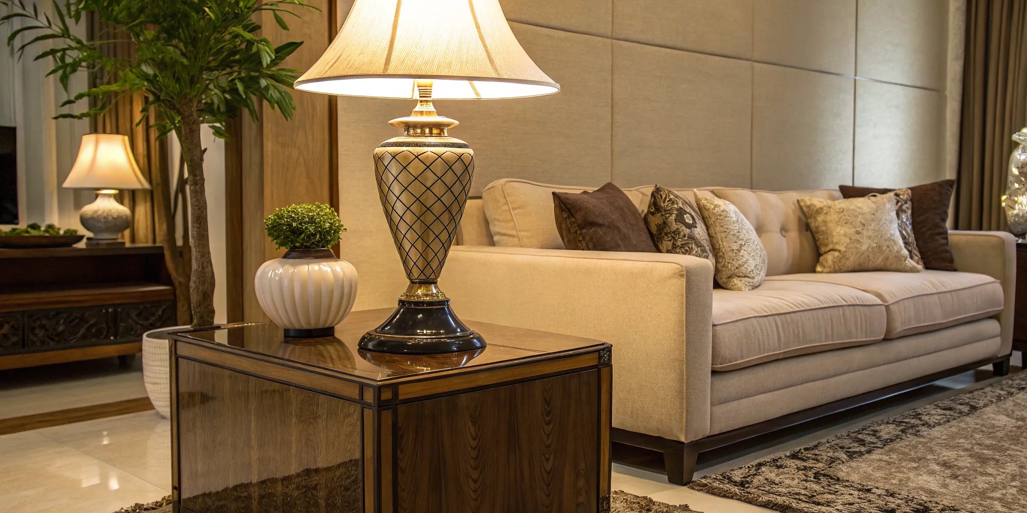 Big table lamp on wooden side table.