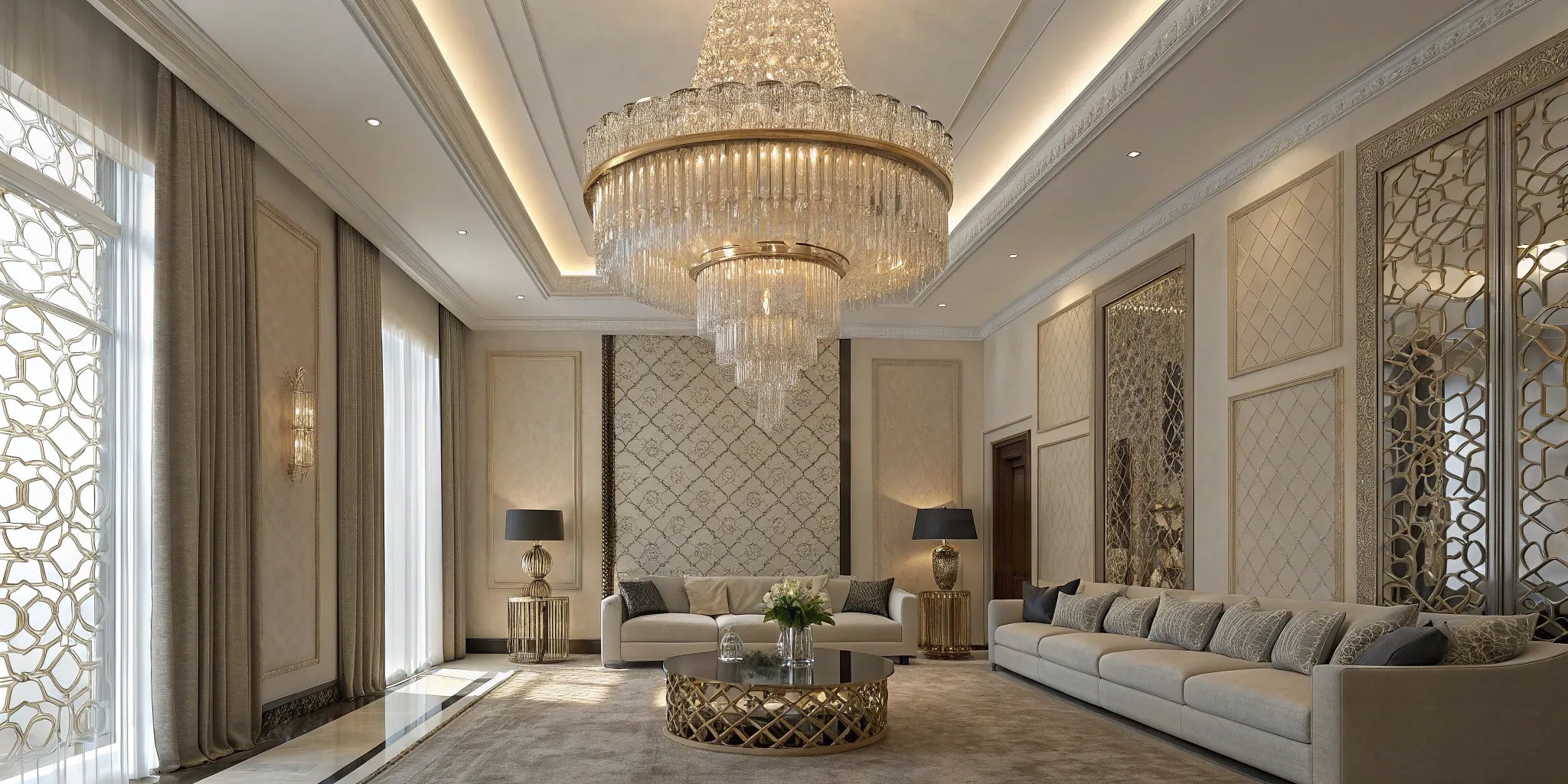Crystal chandelier illuminating a luxurious living room.