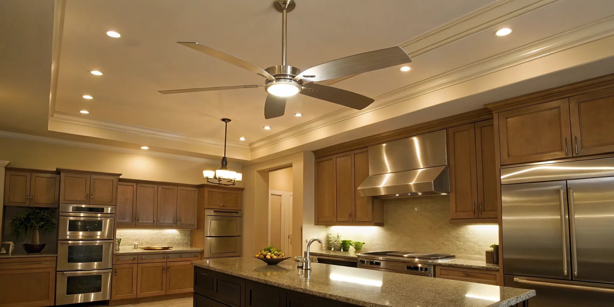 Kitchen ceiling fan with integrated light.