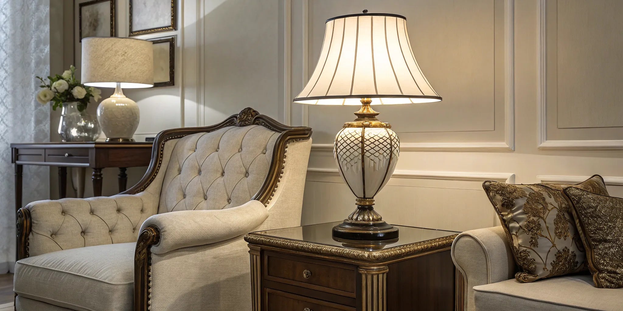 Large table lamp on ornate side table.