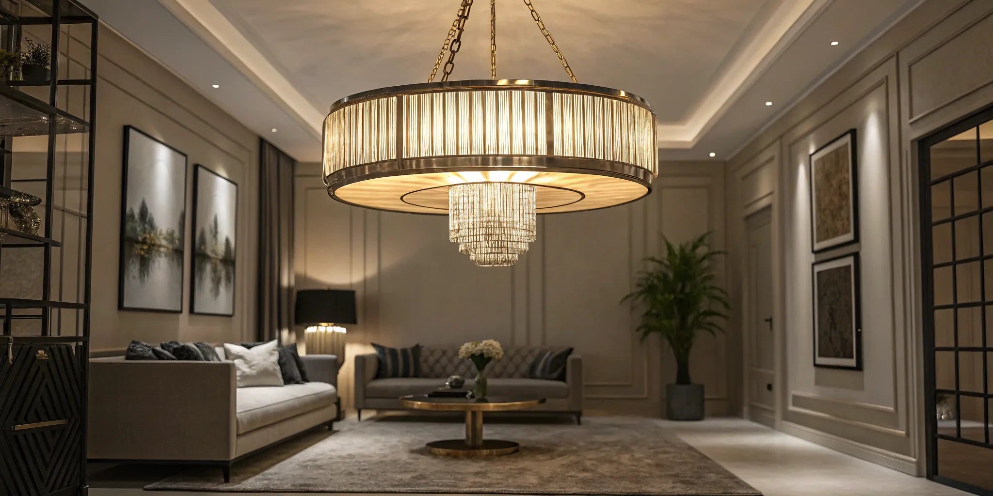 Stylish pendant light fixture illuminating a modern living room.