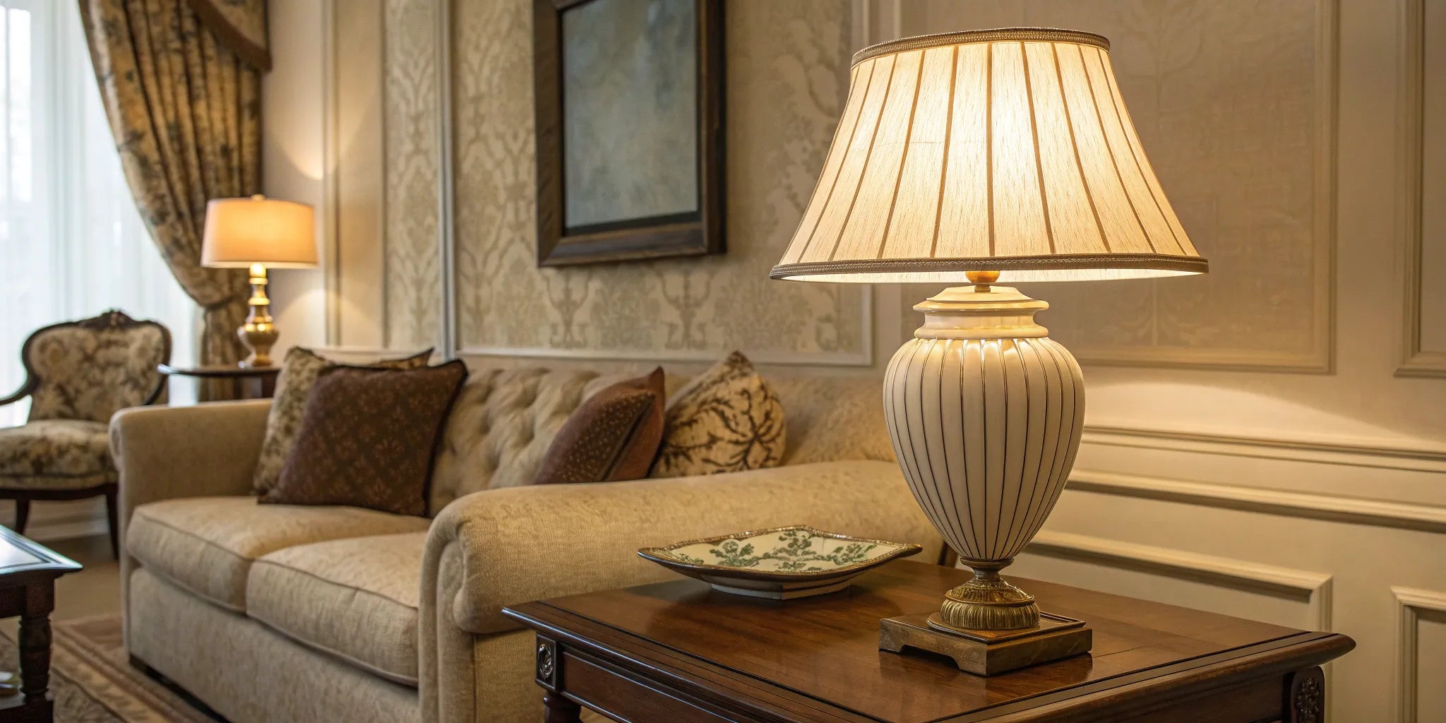 Stylish table lamps and shades on side tables.