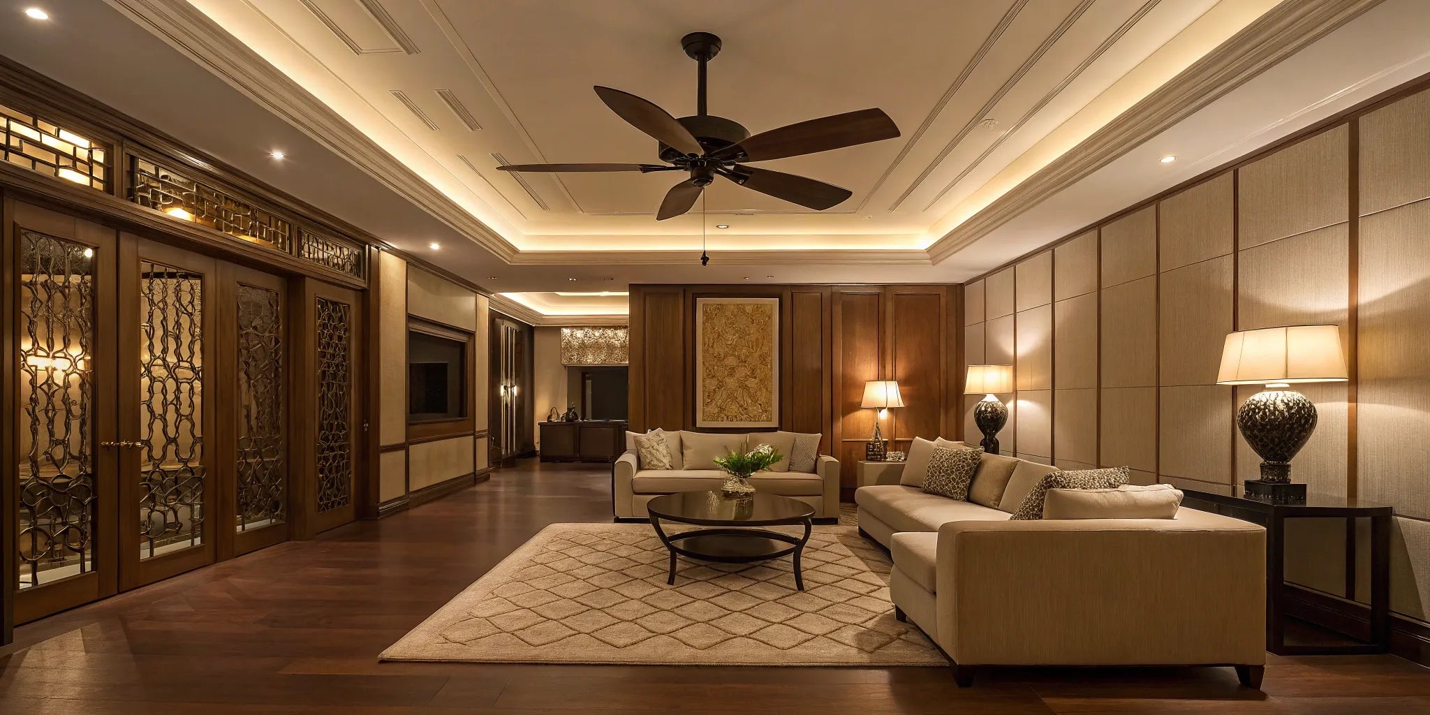 Ceiling fan with integrated light fixture.