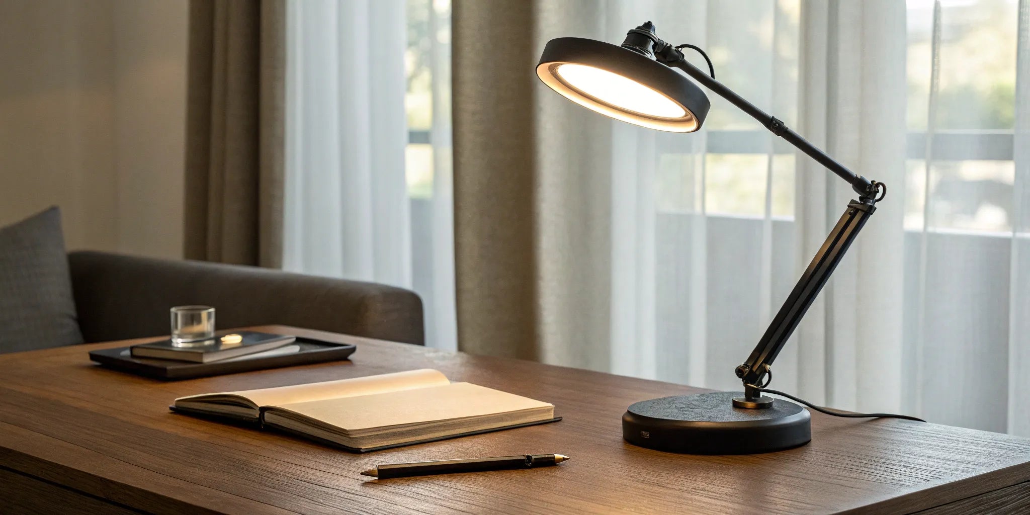 LED table lamp illuminating a workspace.