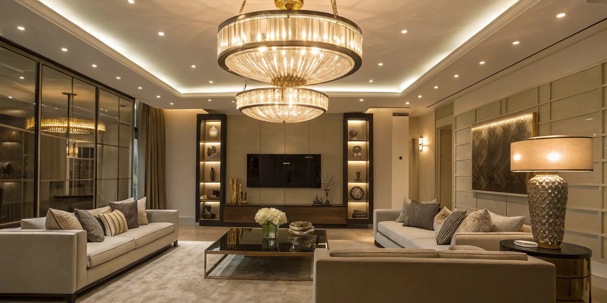 Contemporary ceiling lights illuminate a modern living room.