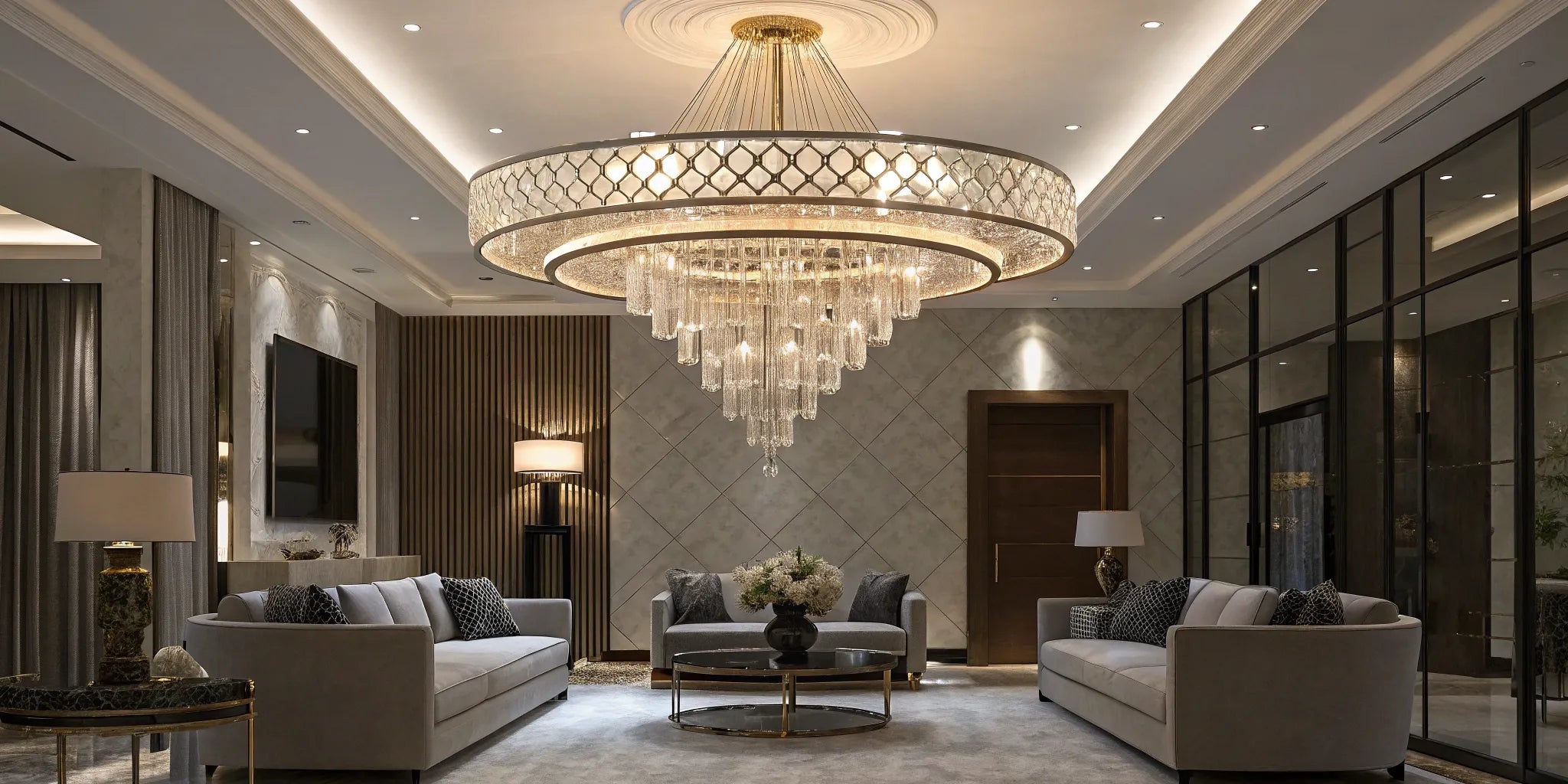 Contemporary chandelier with crystal accents.