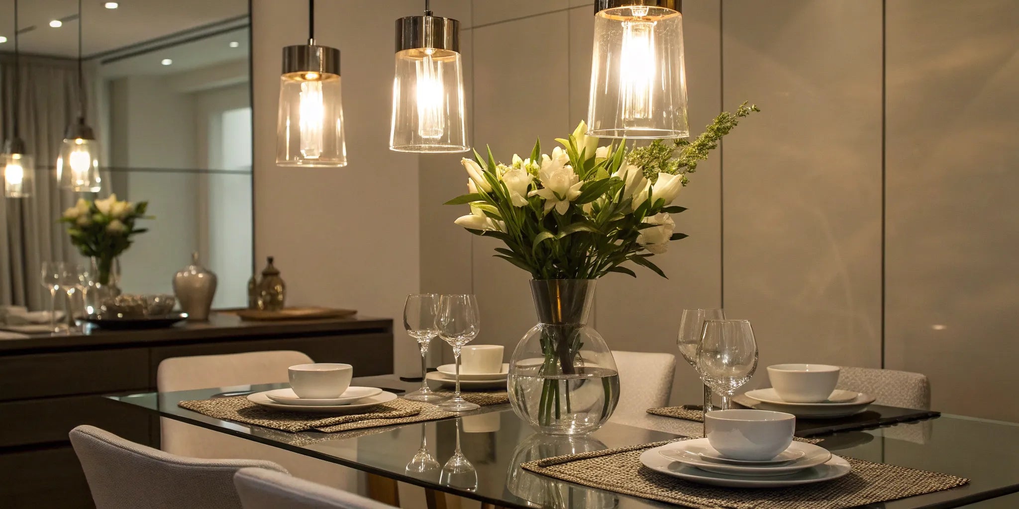 Contemporary mini pendant lights above a dining table.
