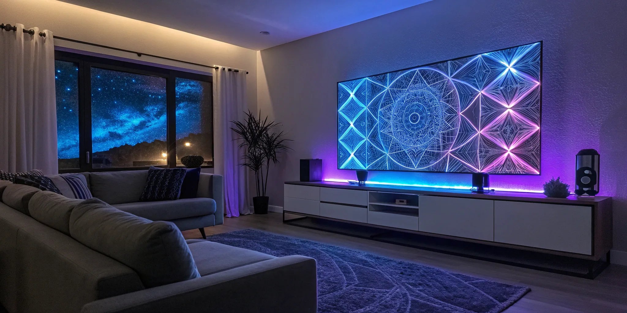 LED wall art with geometric pattern.