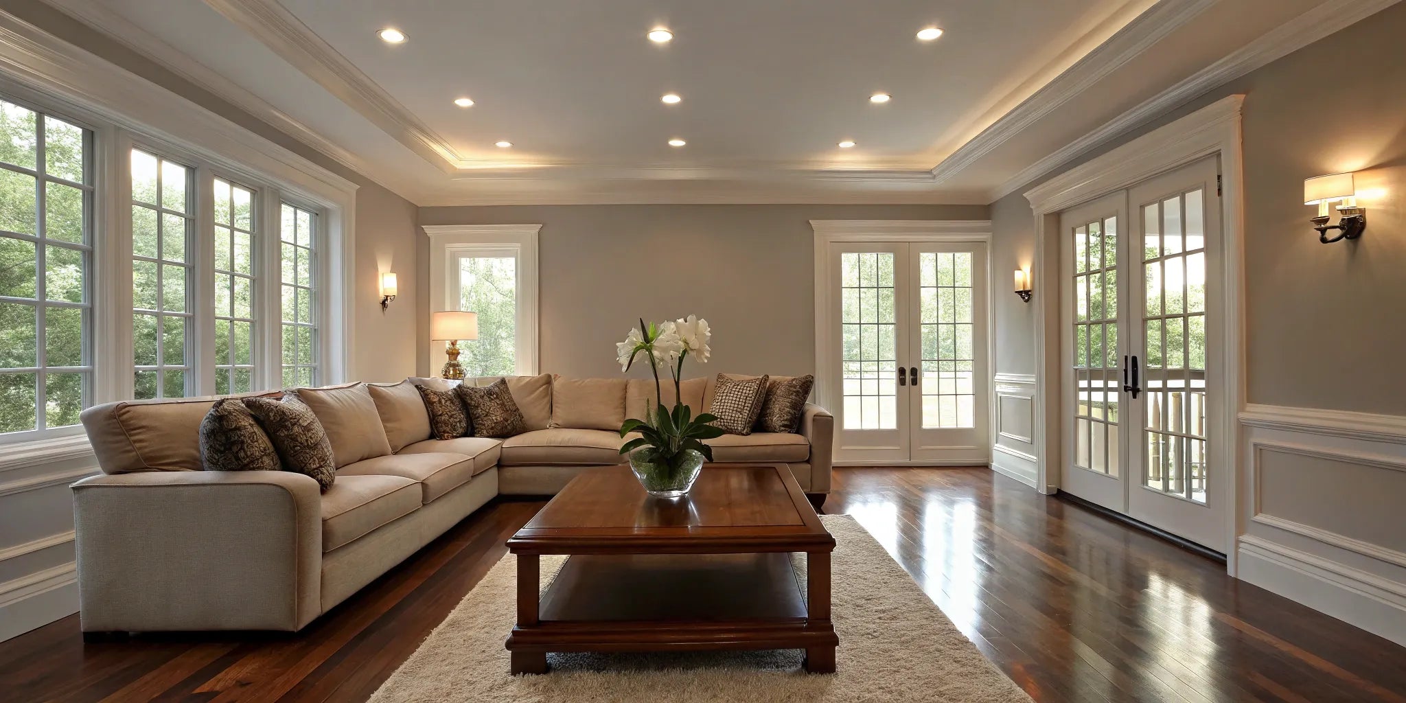 Recessed lighting illuminates a living room.
