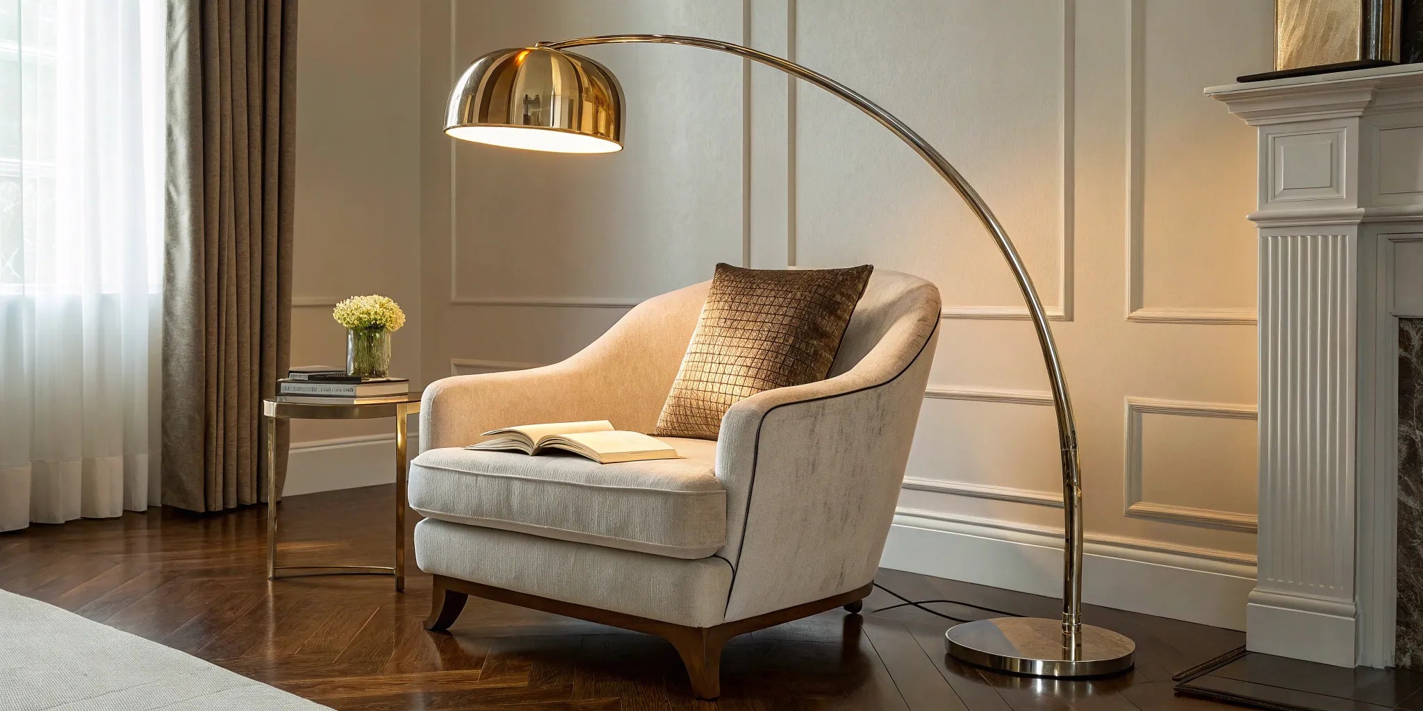 Stylish curved floor lamp illuminating a reading nook.
