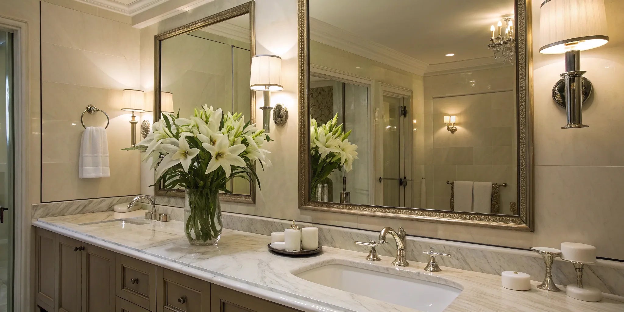 Bathroom wall sconces illuminate a vanity.