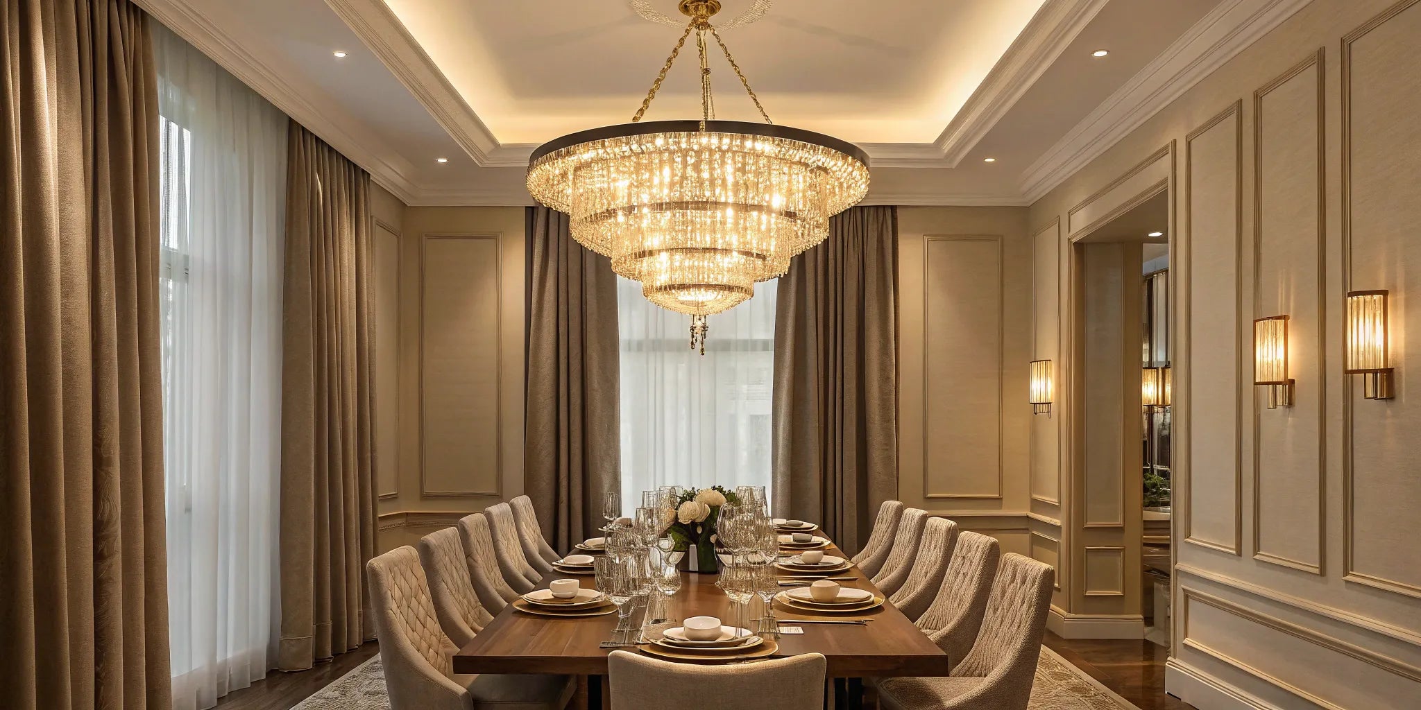 Crystal chandelier above a dining room table.