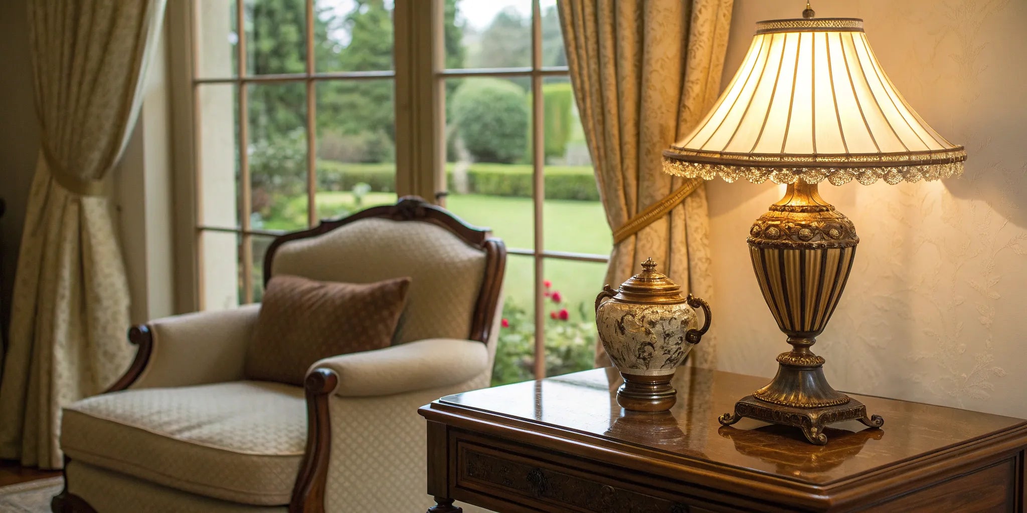 An antique brass table lamp styled on a side table in a living room.