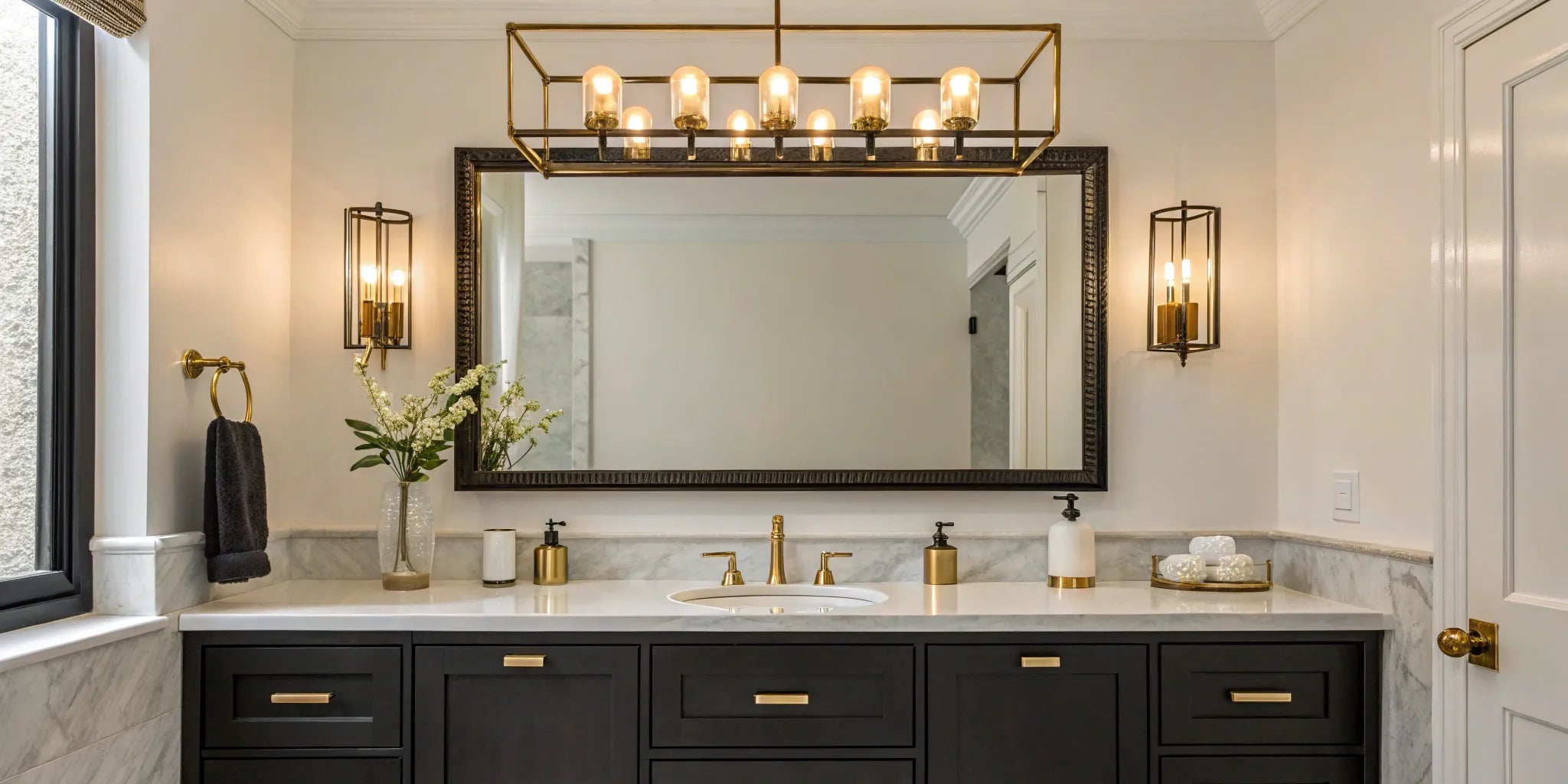 Black and gold vanity light fixture.