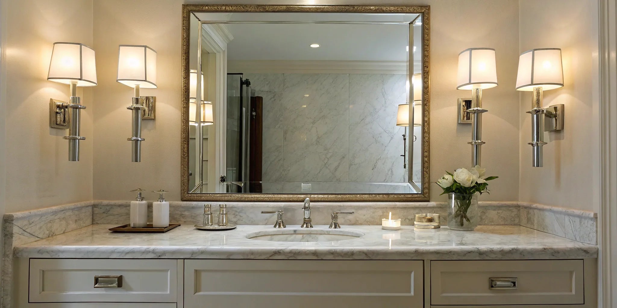 Lighted vanity mirror with bright bulbs.