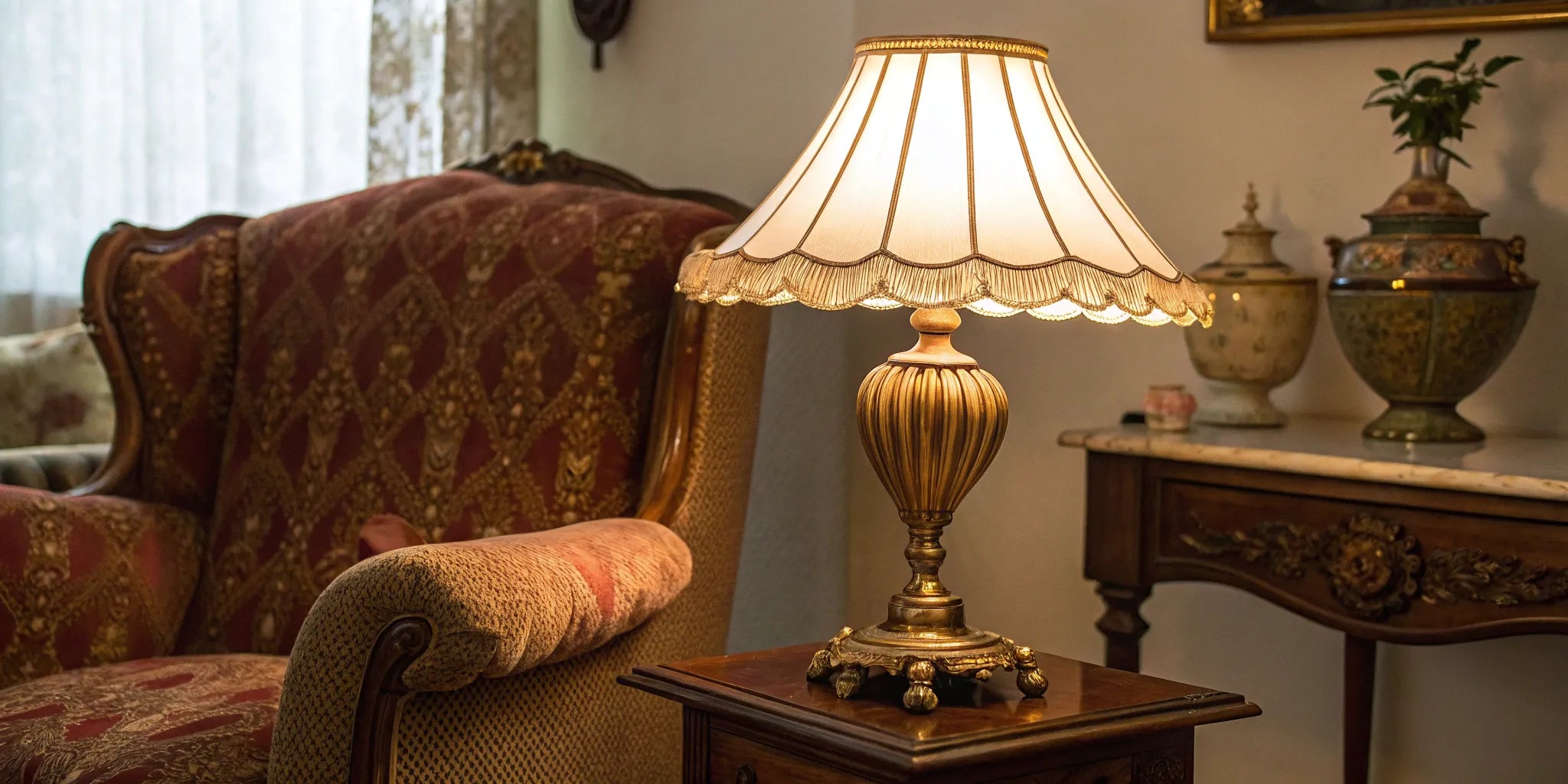 Antique lamp on a table.
