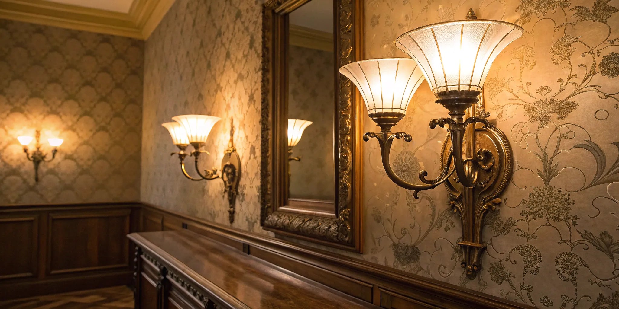 Antique brass wall sconces with frosted glass shades.